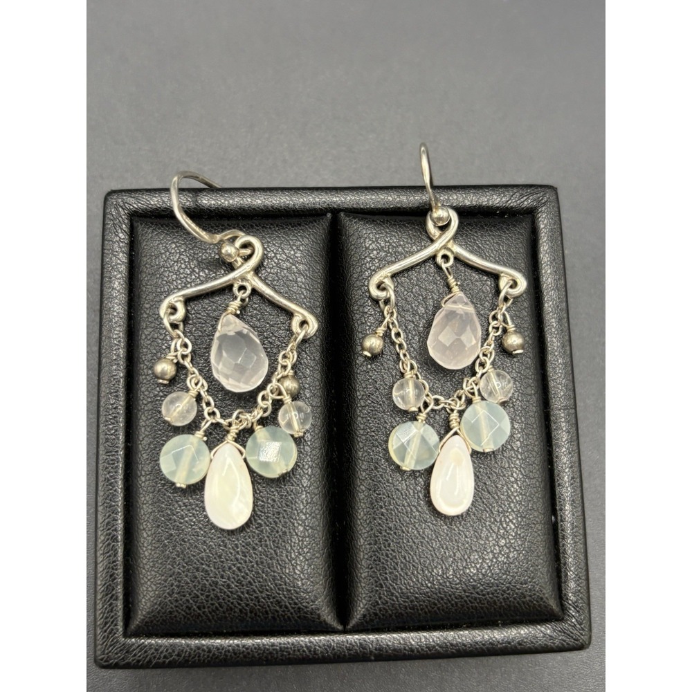 Vintage Sterling Silver Mother Pearl Rock Crystal Chandelier Earrings Dangle E18